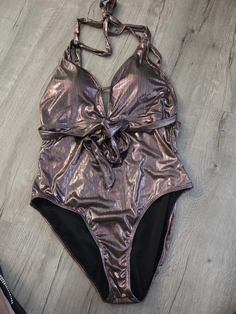 Shimmery Bronze One-Piece Swimsuit with Waist Tie